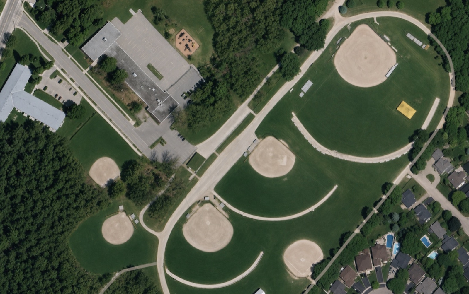 Aerial view of the multi-diamond complex at Georgetown Fairgrounds, Halton Hills, Ontario
